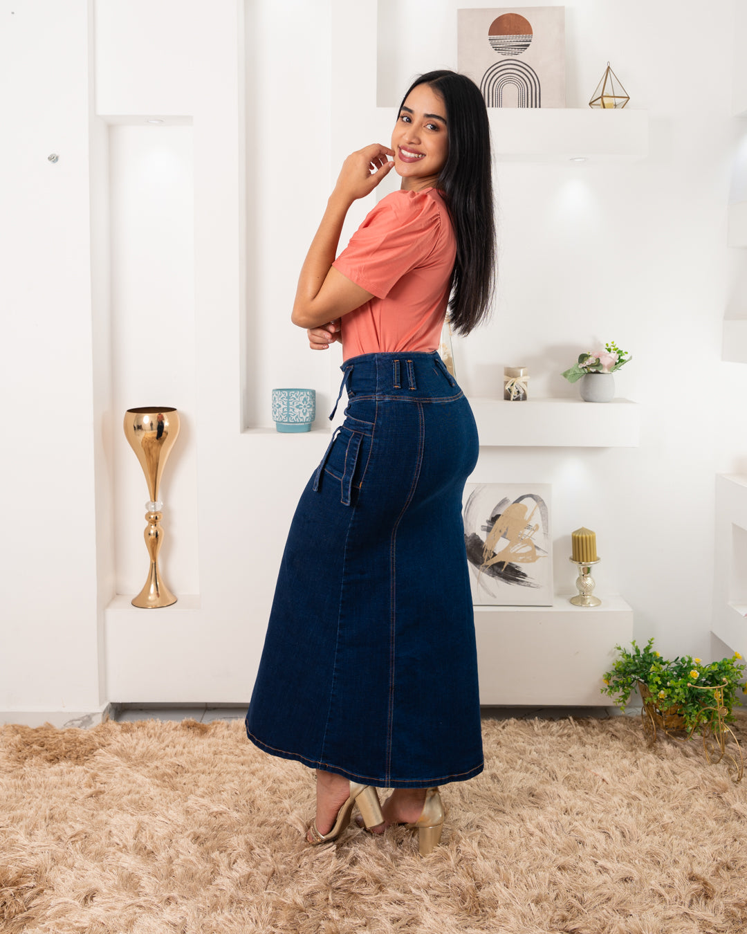 FALDA JEANS LARGA BOTONES ADELANTE BOLSILLO A LOS LADOS