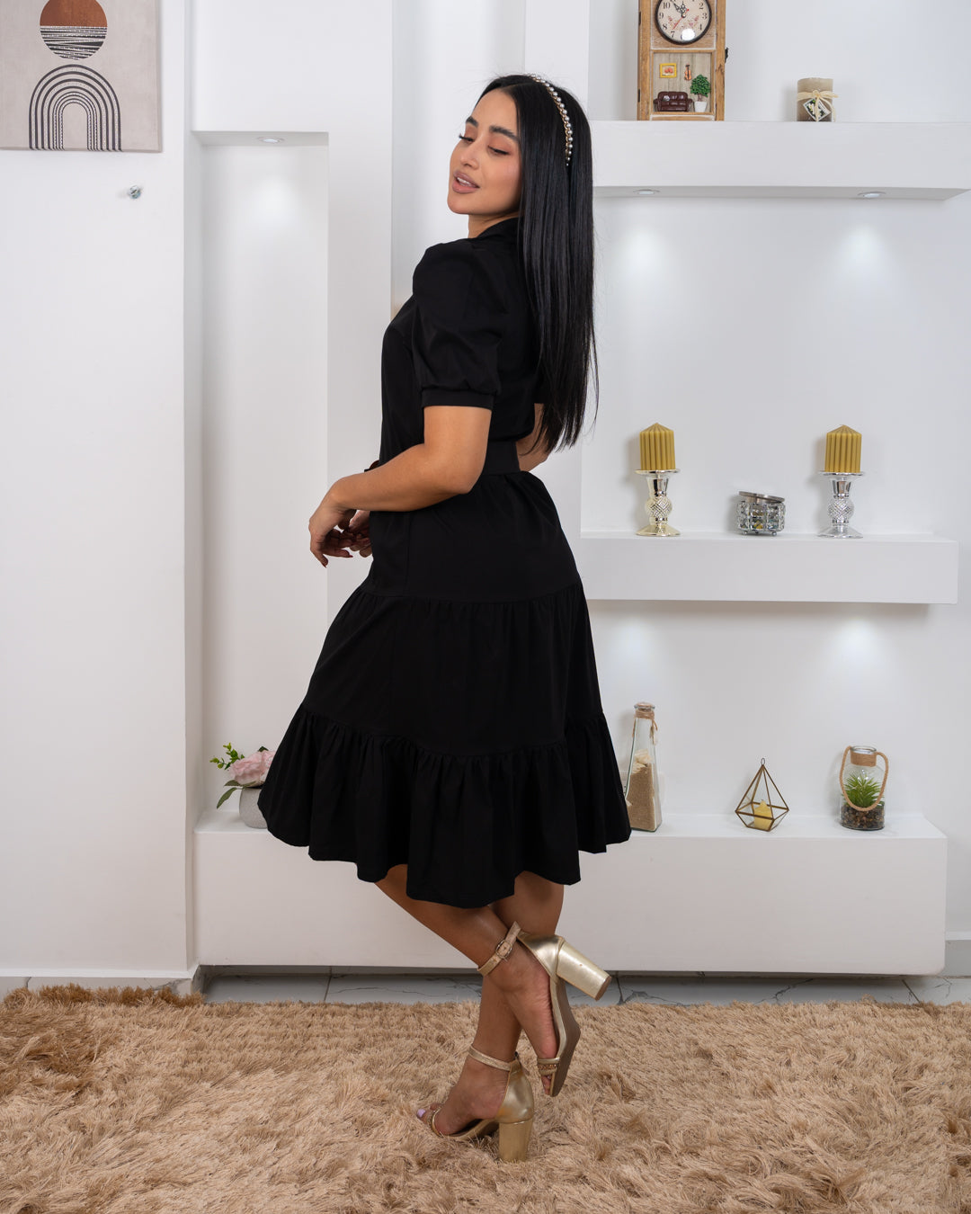 VESTIDO 3/4 B CON CINTURON