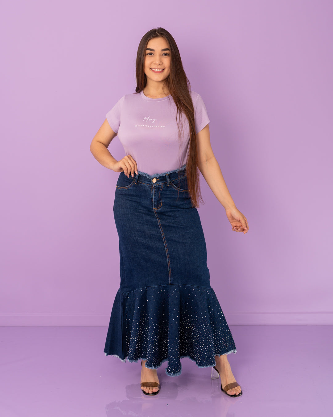 FALDA JEANS LARGA CORTE CAMPANA CON BRILLOS