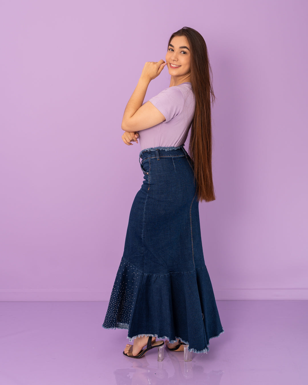 FALDA JEANS LARGA CORTE CAMPANA CON BRILLOS
