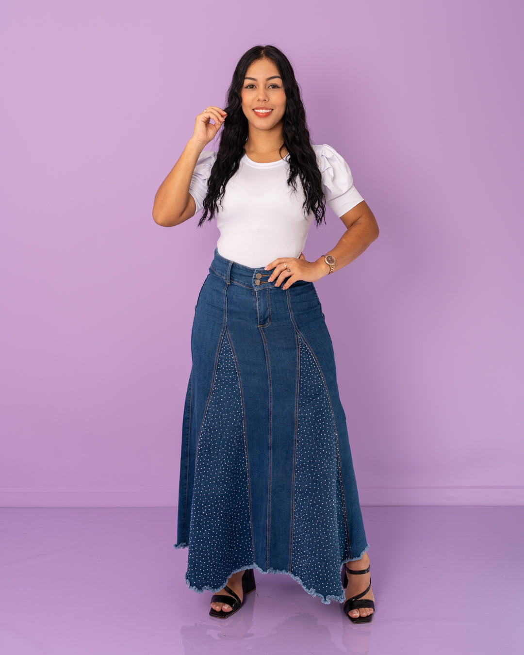 FALDA JEAN LARGA NESGAS CON BRILLO