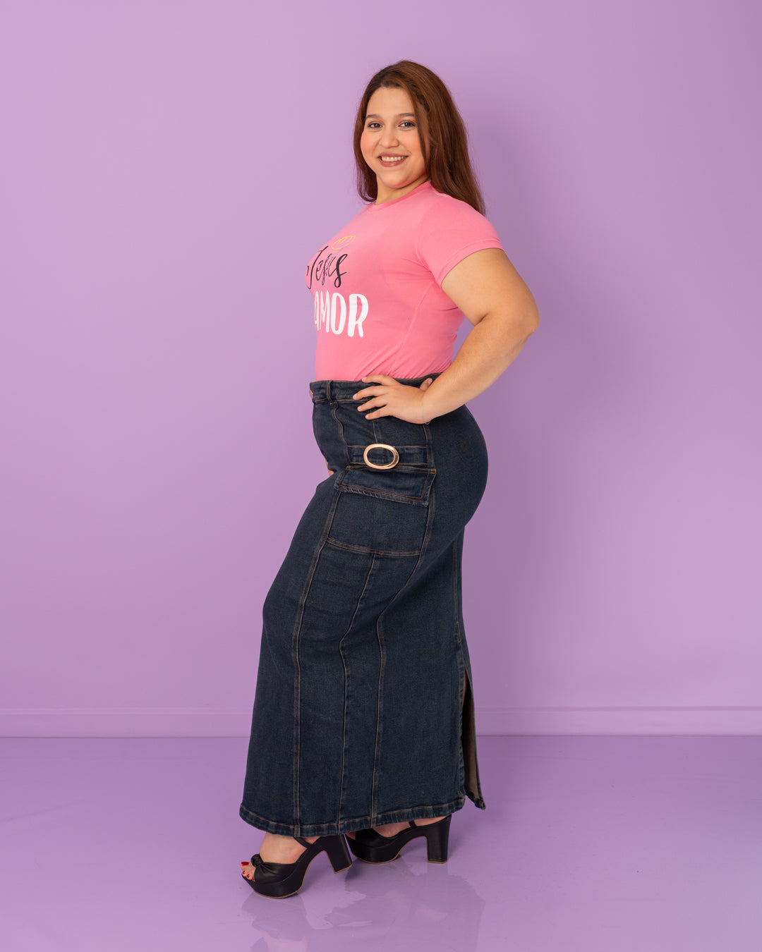 FALDA JEAN LARGA PLUS BOLSILLOS AL LADO HEBILLA