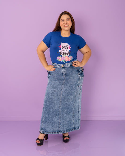 FALDA JEAN LARGA PLUS BOLSILLOS AL LADO HEBILLA