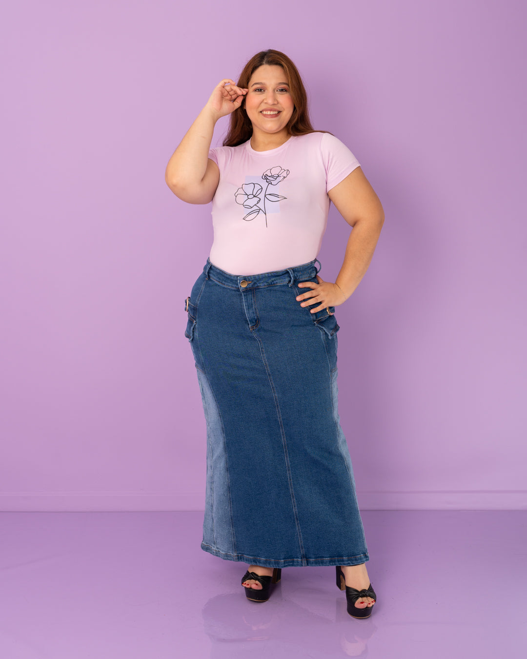 FALDA JEAN LARGA PLUS BOLSILLOS AL LADO HEBILLA