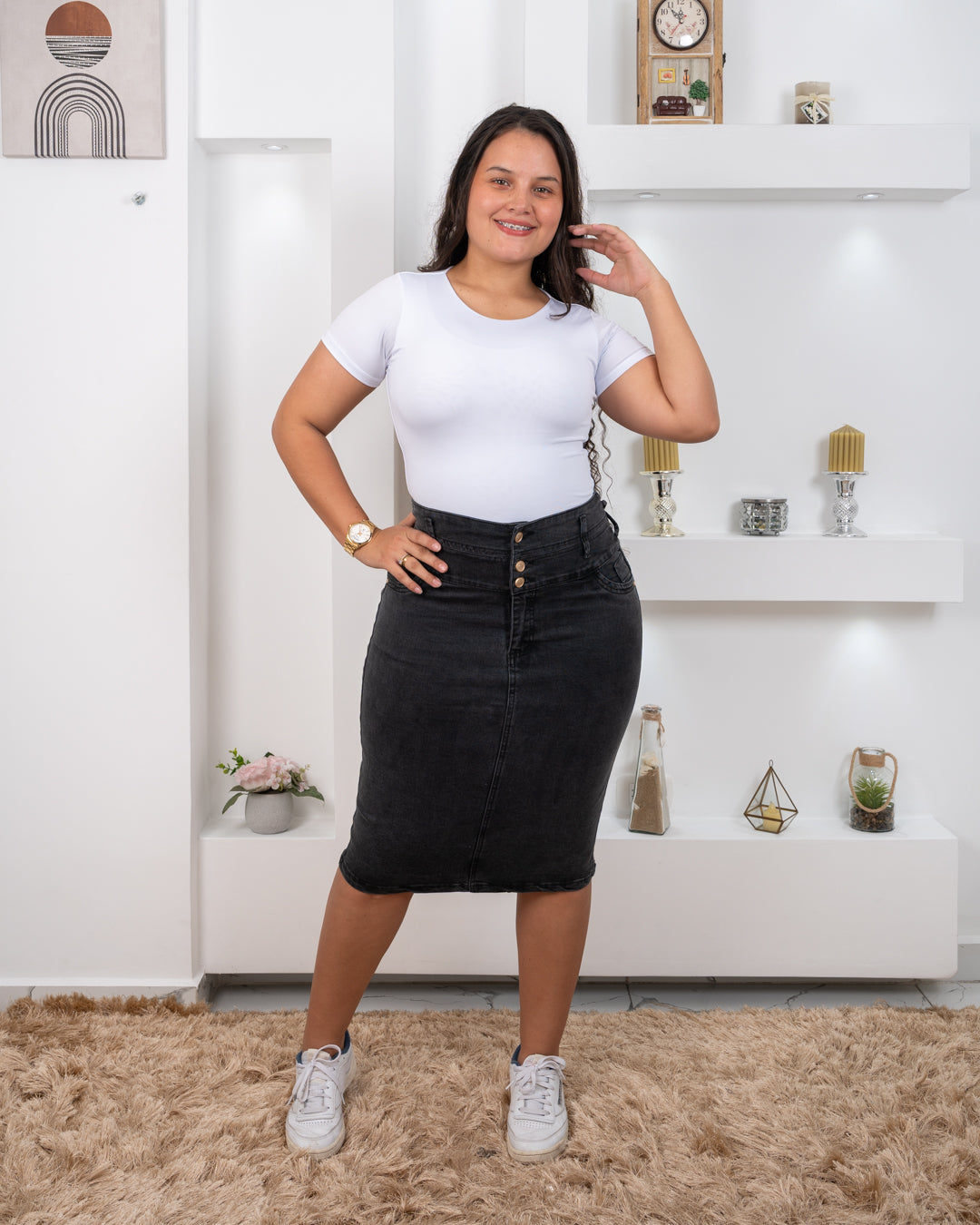 FALDA JEAN 3/4 PRETINA ANCHA TRENSA EN PRETINA