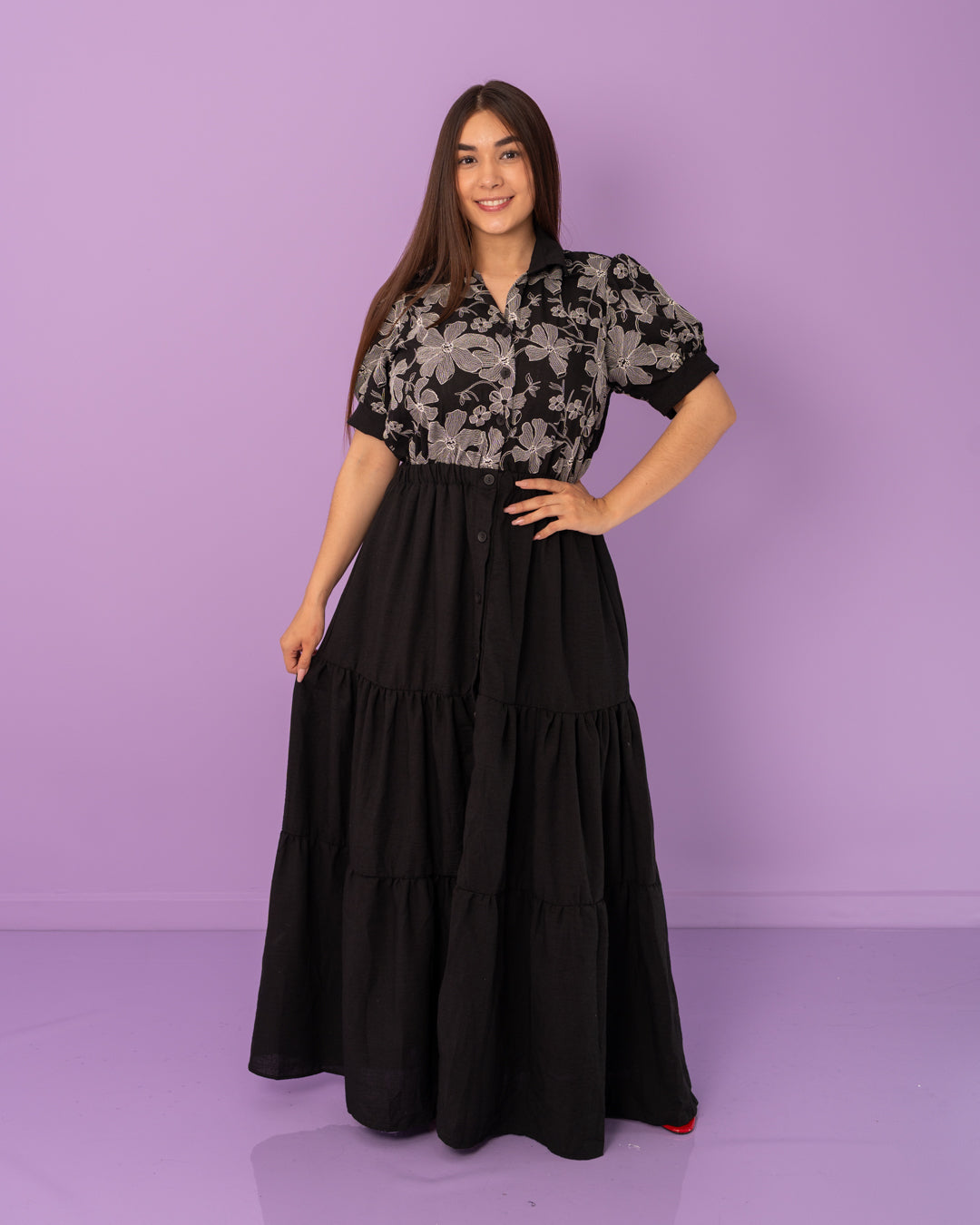 VESTIDO LARGO CAMISERO BORDADO TELA CHALIS