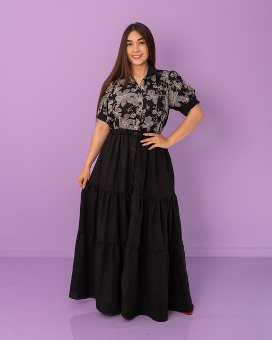 VESTIDO LARGO CAMISERO BORDADO TELA CHALIS