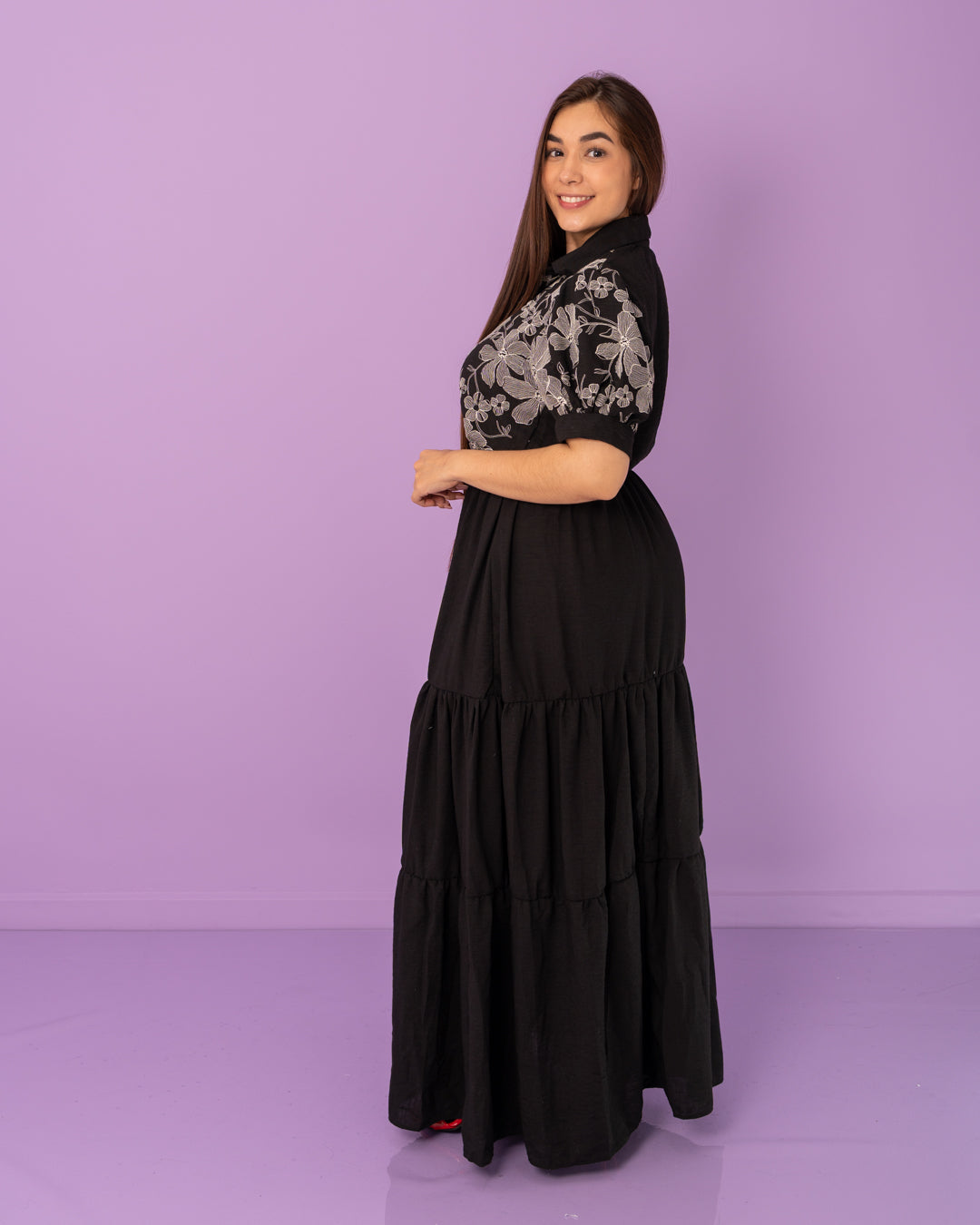 VESTIDO LARGO CAMISERO BORDADO TELA CHALIS