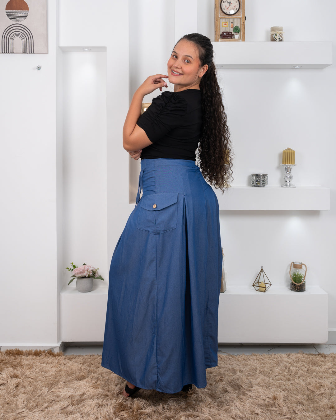FALDA LARGA CHAMBRAY BOLSILLO A LOS LADOS