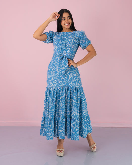 VESTIDO LARGO EN TIEMPOS TELA RIHANA ESTAMPADA