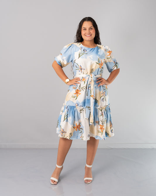 VESTIDO 3/4 MANGA RESORTE Y CINTURON