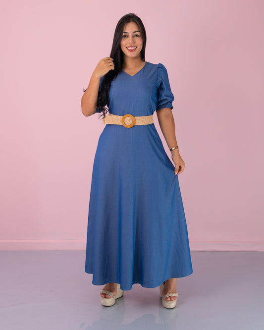 VESTIDO LARGO CUELLO V TELA CHAMBRAY