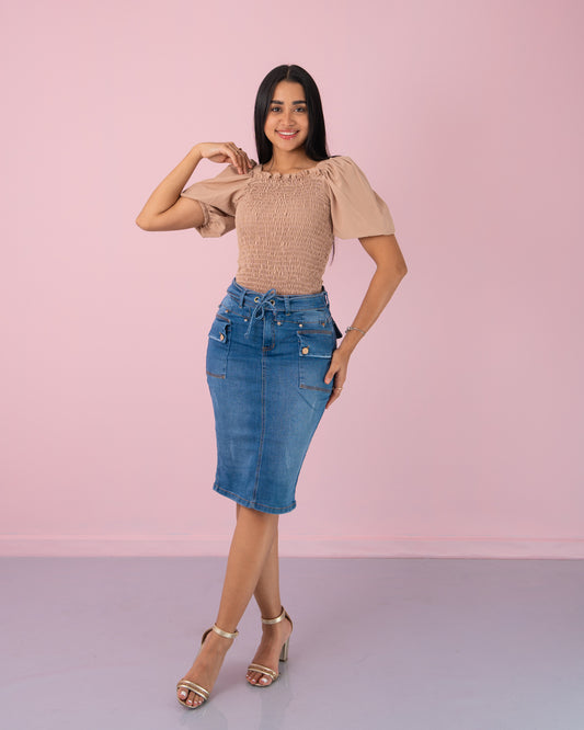 FALDA JEANS 3/4 BOLSILLOS ADELANTE CINTURON