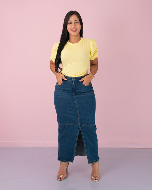 FALDA JEANS LARGA ABERTURA ADELANTE DESMECHADA