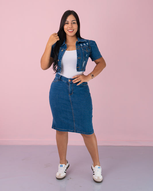 FALDA JEAN 3/4 CLASICA 1 BOTON