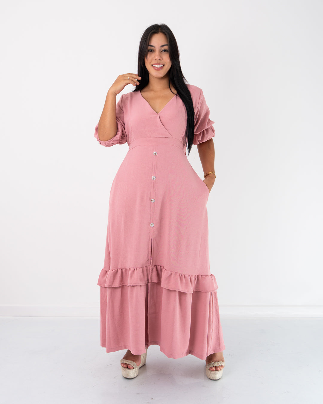 VESTIDO LARGO BOTONES Y BOLERO
