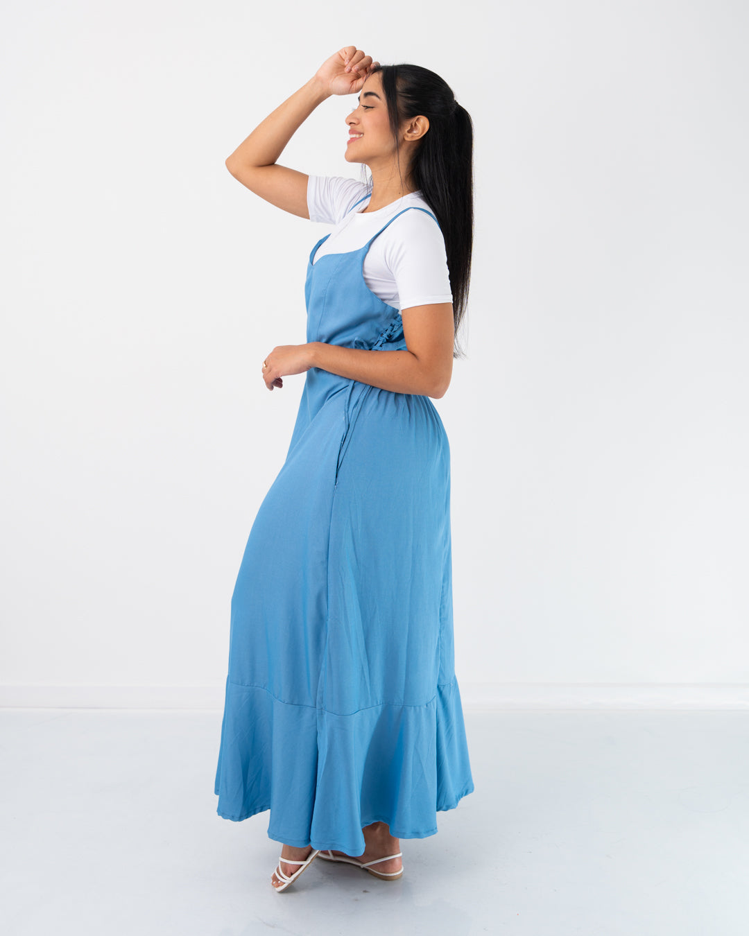 VESTIDO LARGO DE TIRAS CON BLUSA TELA CHAMBRAY