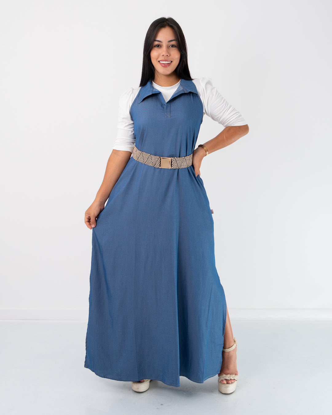 VESTIDO LARGO MANGA SIZA CON CORREA