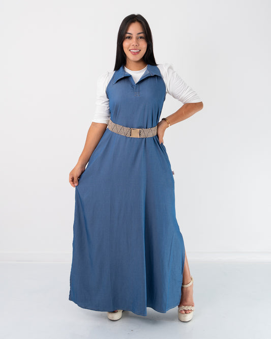 VESTIDO LARGO MANGA SIZA CON CORREA