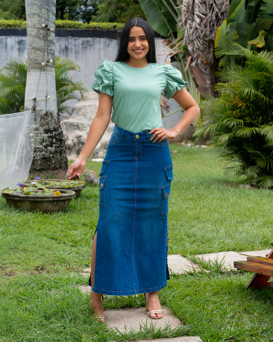 FALDA JEANS LARGA CAMUFLADA ABERTURA A LOS LADOS