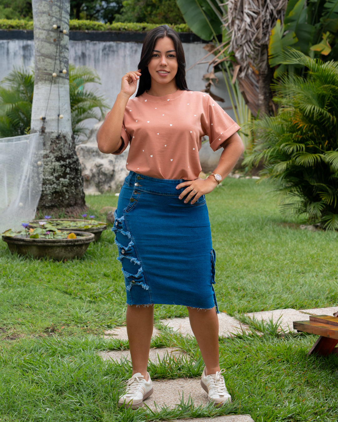 FALDA JEAN 3/4 CAMUFLADA MOÑOS AL LADO