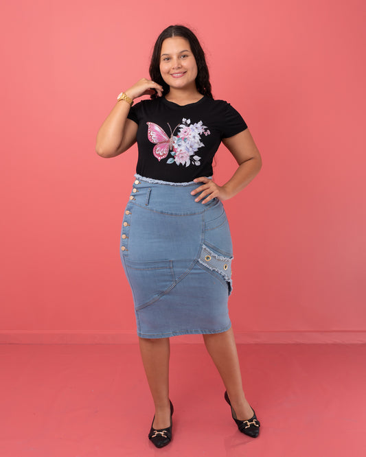 FALDA JEAN 3/4 TRES CORTES BOTONES AL LADO