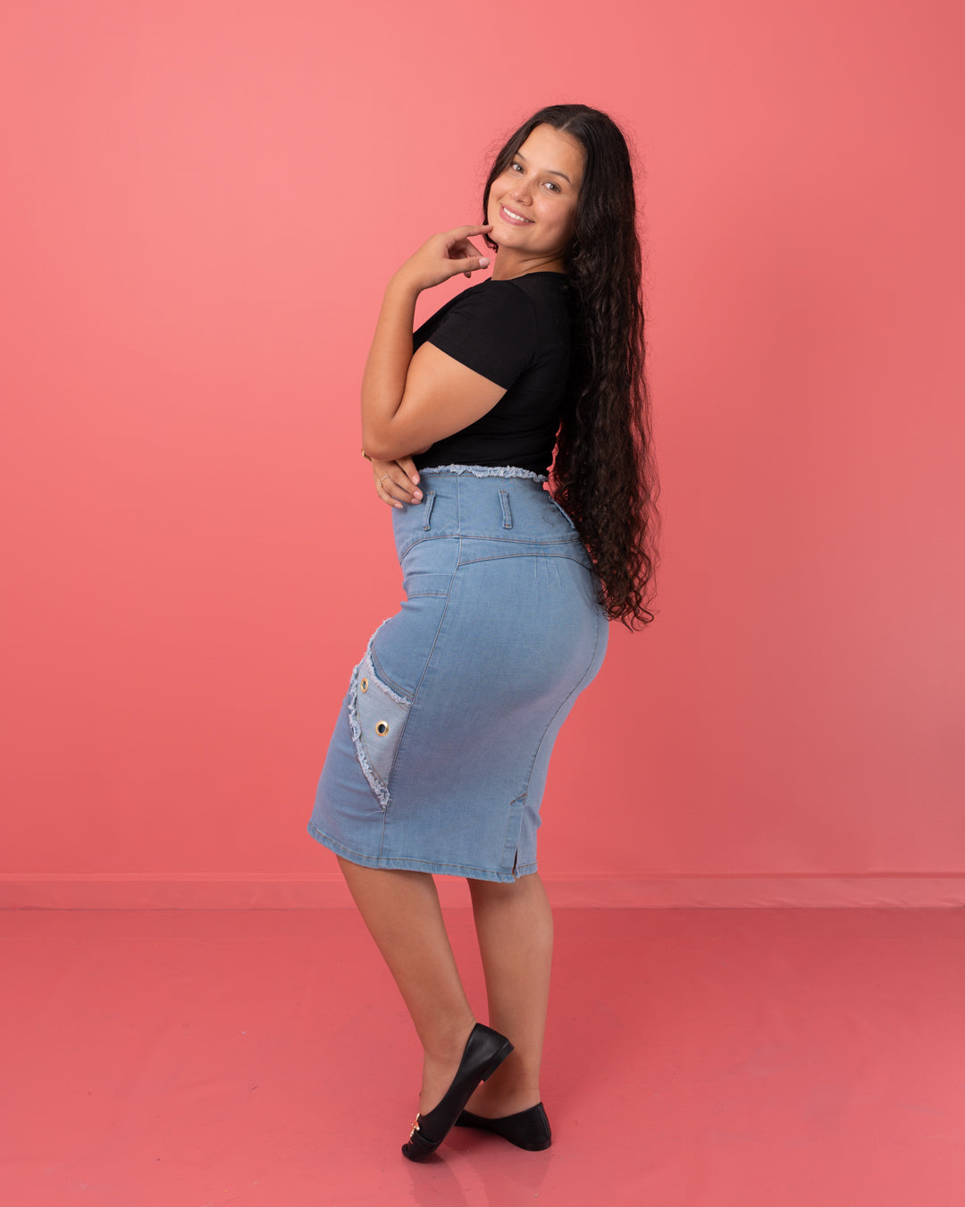 FALDA JEAN 3/4 TRES CORTES BOTONES AL LADO