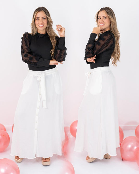 FALDA LARGA BOTONES ADELANTE TELA SEDA
