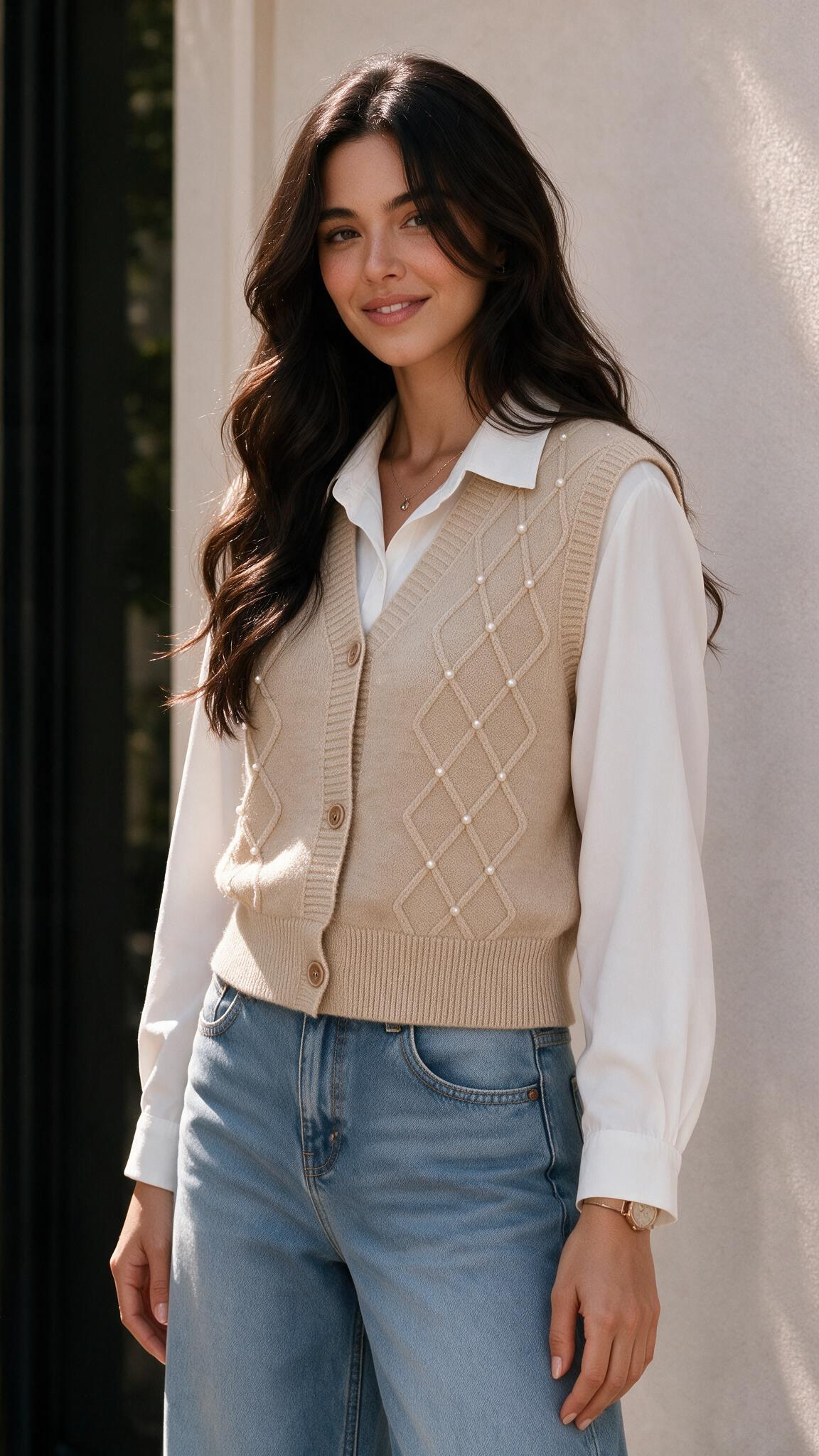 Vista lateral del chaleco en lana en beige con blusa camisera blanca