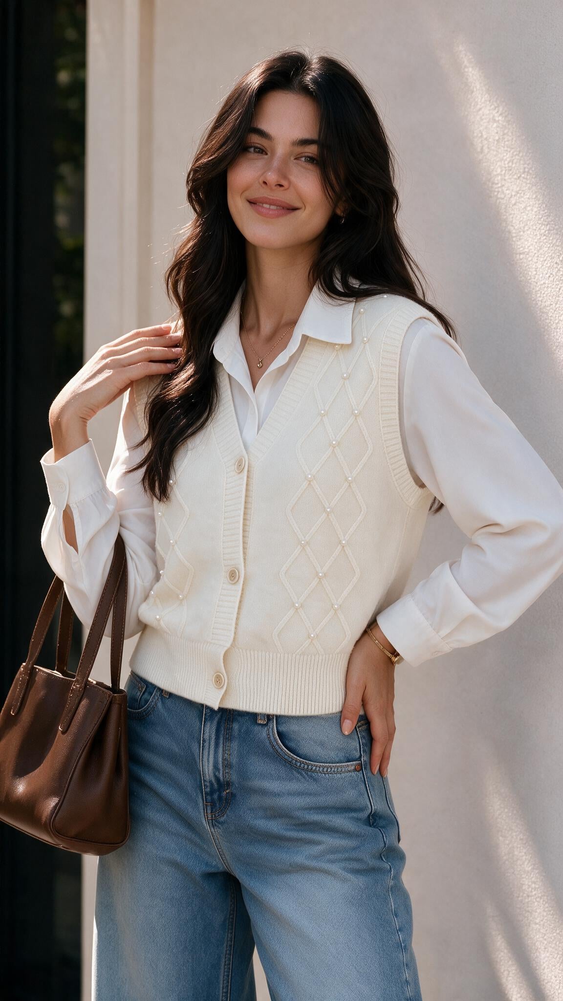 Chaleco en lana en marfil con blusa camisera blanca, conjunto de dos piezas
