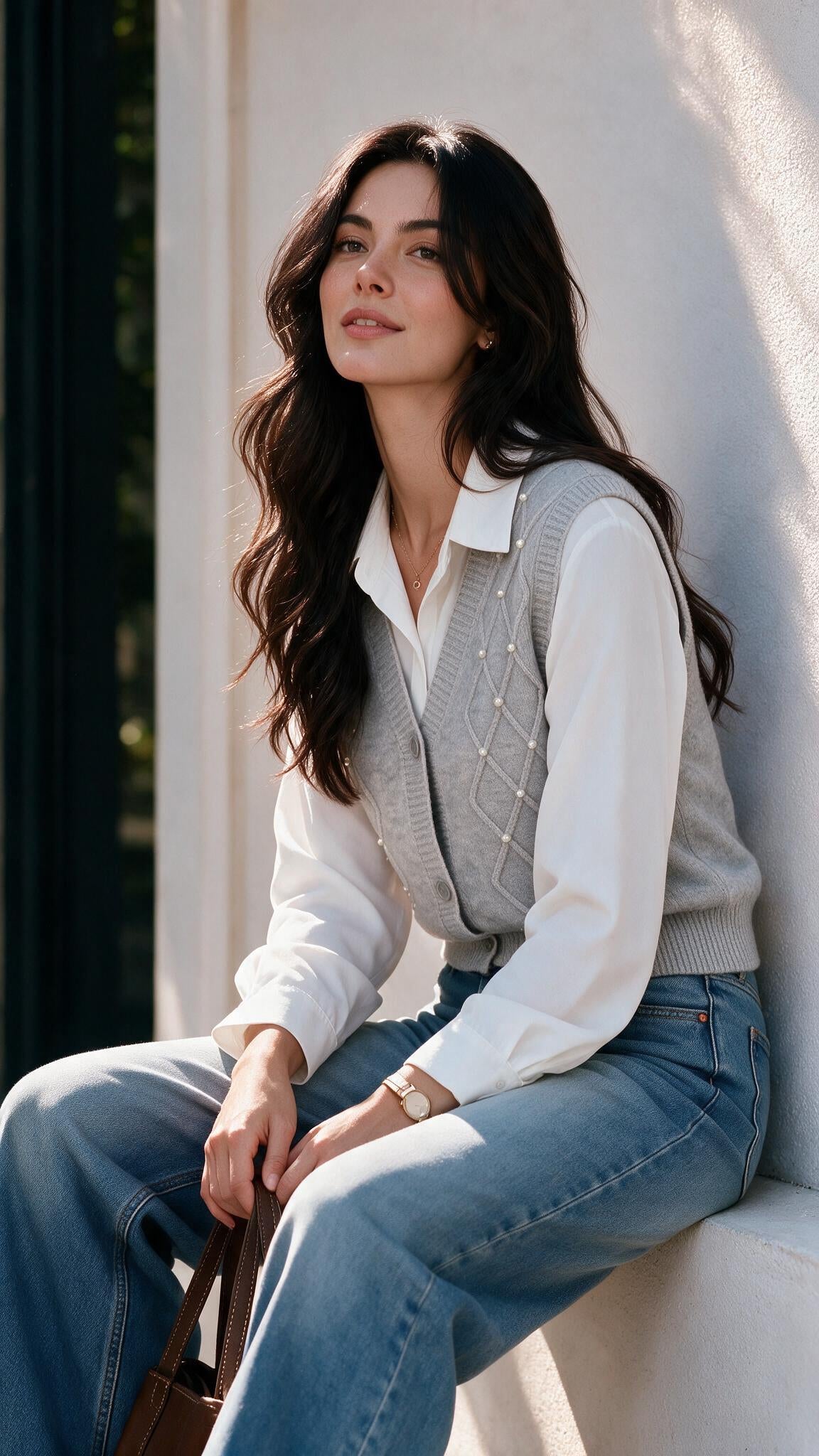 Vista lateral del chaleco en lana en gris con blusa camisera blanca y jean