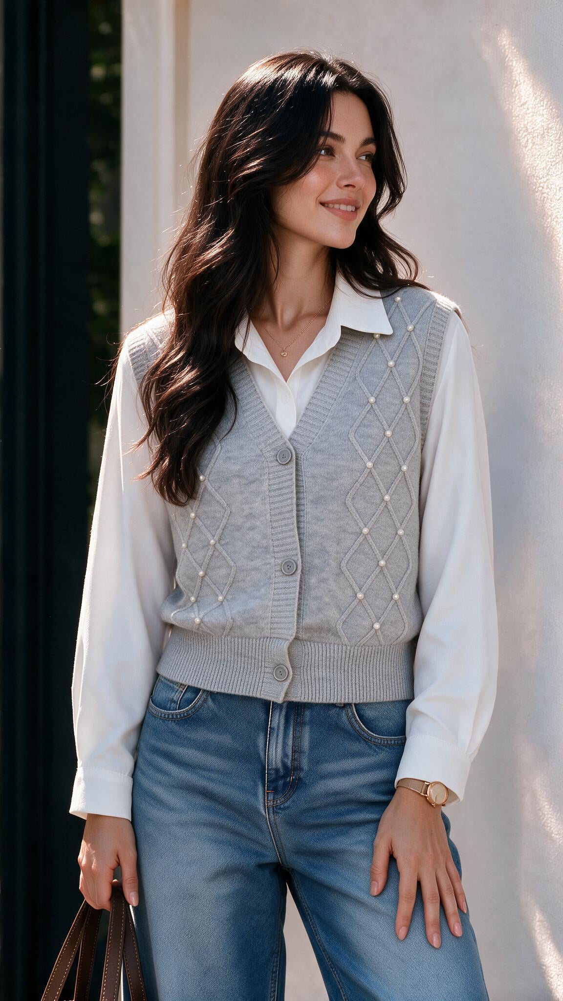 Chaleco en lana con blusa camisera en gris, ropa cristiana femenina para la iglesia