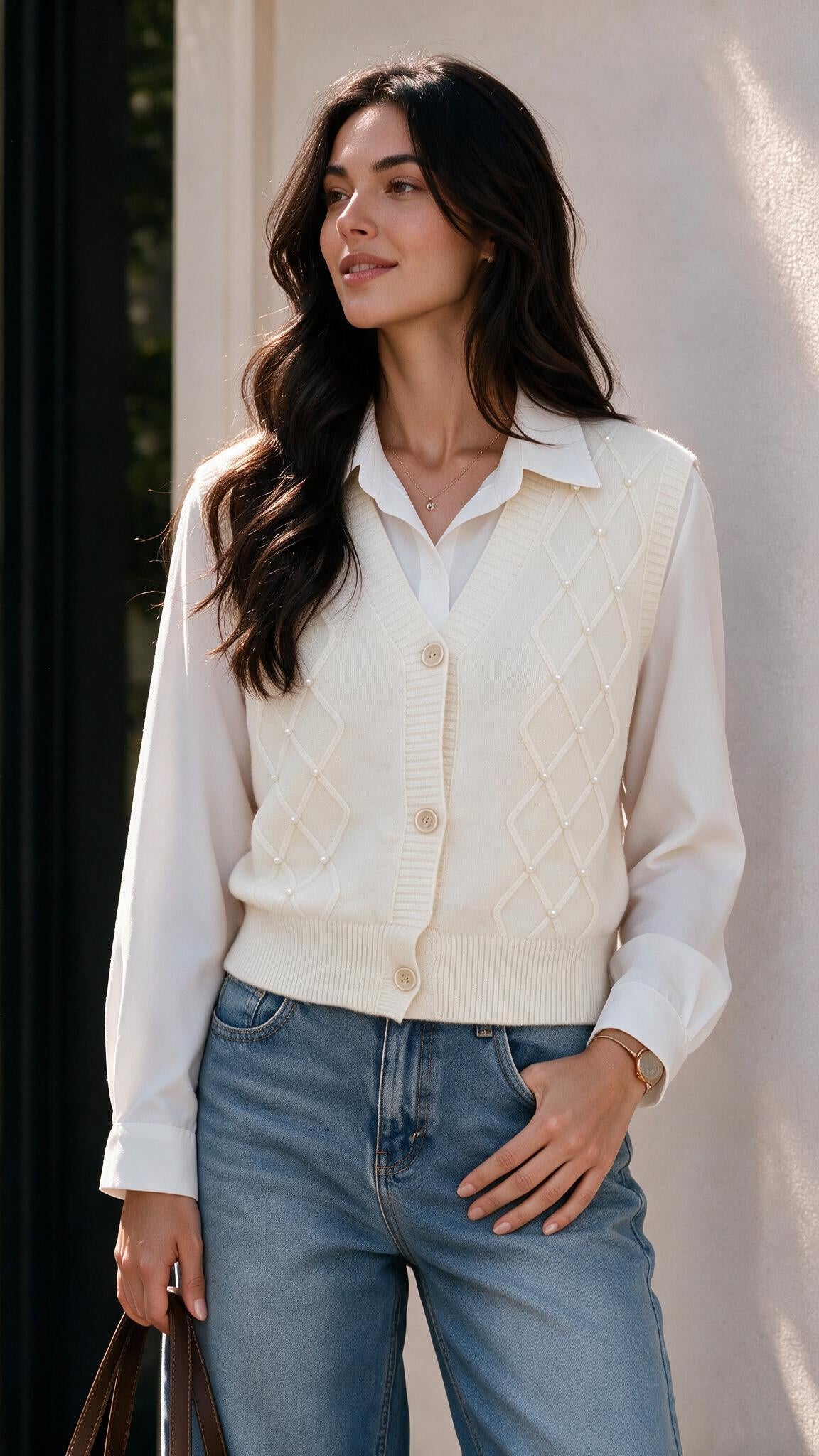 Chaleco en lana con blusa camisera en marfil, moda cristiana femenina modesta
