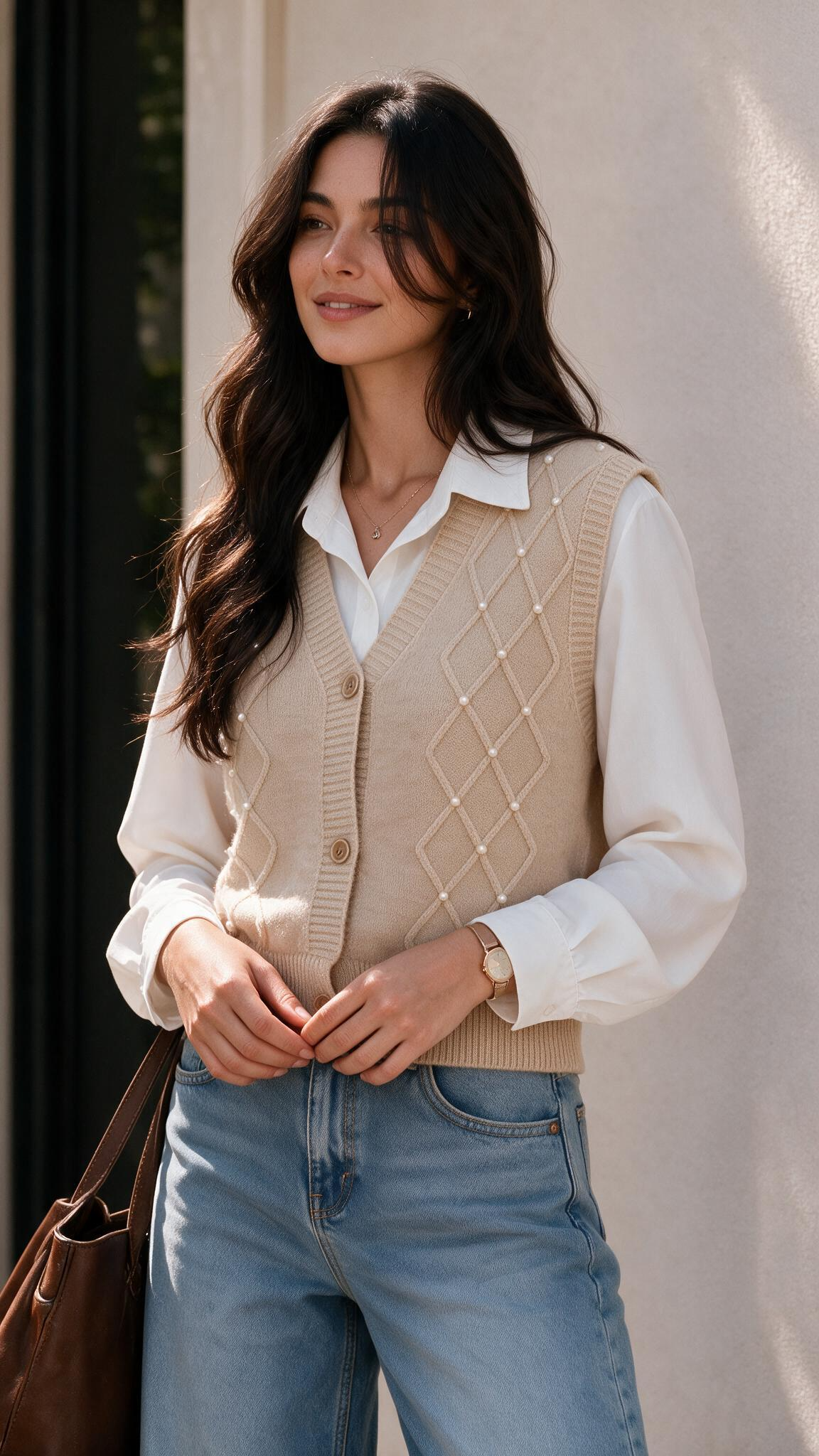 Chaleco en lana con blusa camisera en beige, ropa cristiana para damas