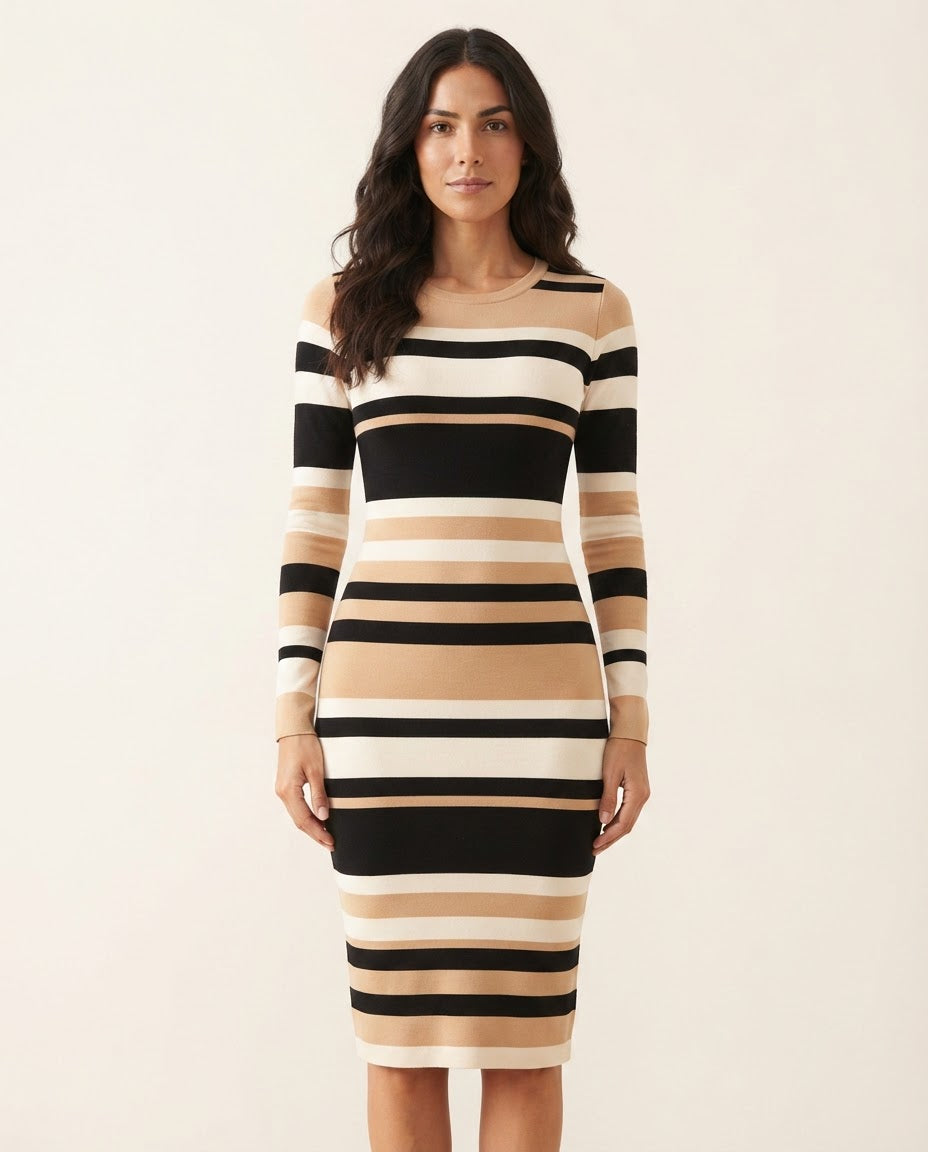 Vestido midi de rayas de frente, manga larga y cuello cerrado