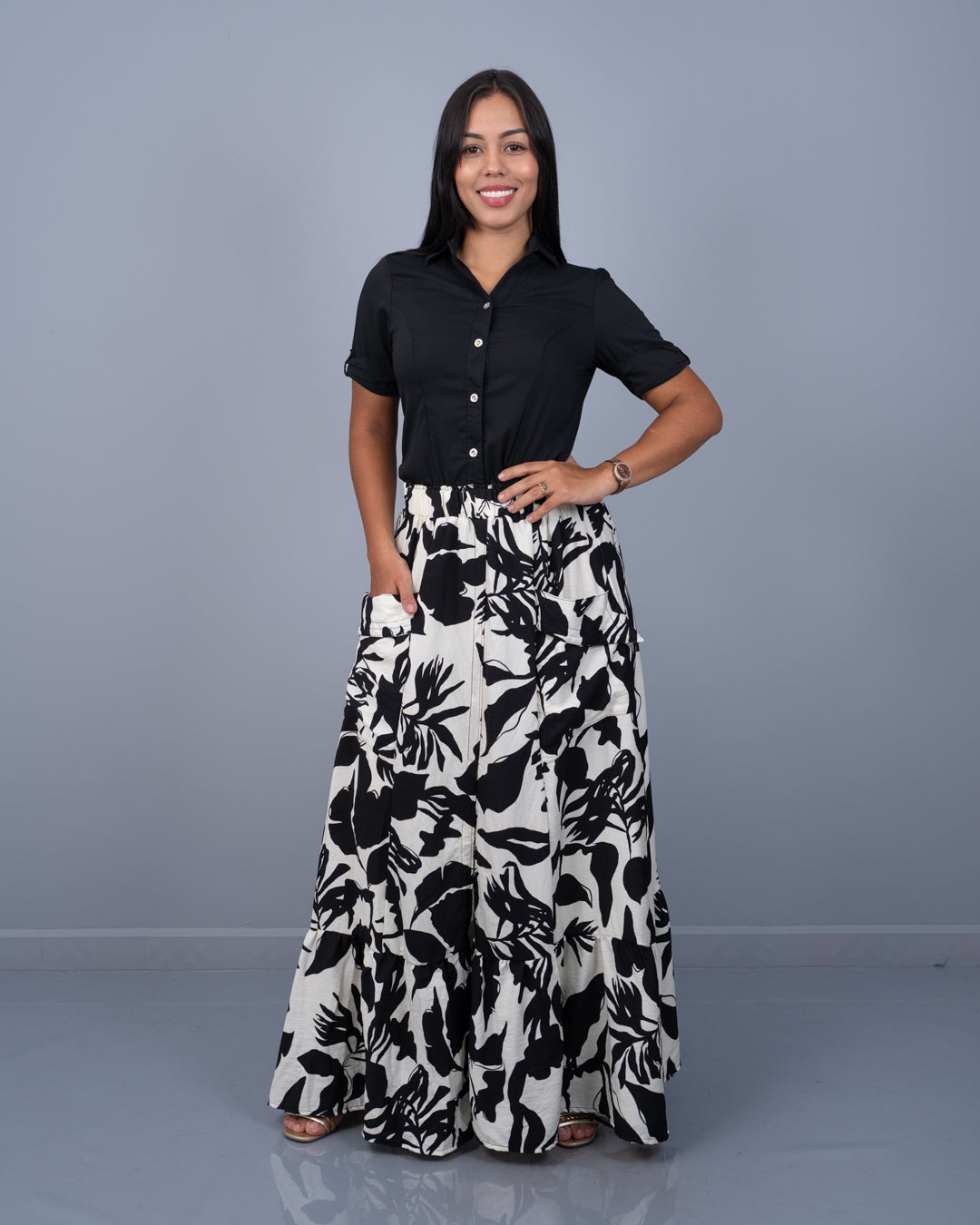 Blusa con Manga Botones Adelante Tela Bengalina Stretch ref. 3960 en negro, ropa cristiana femenina