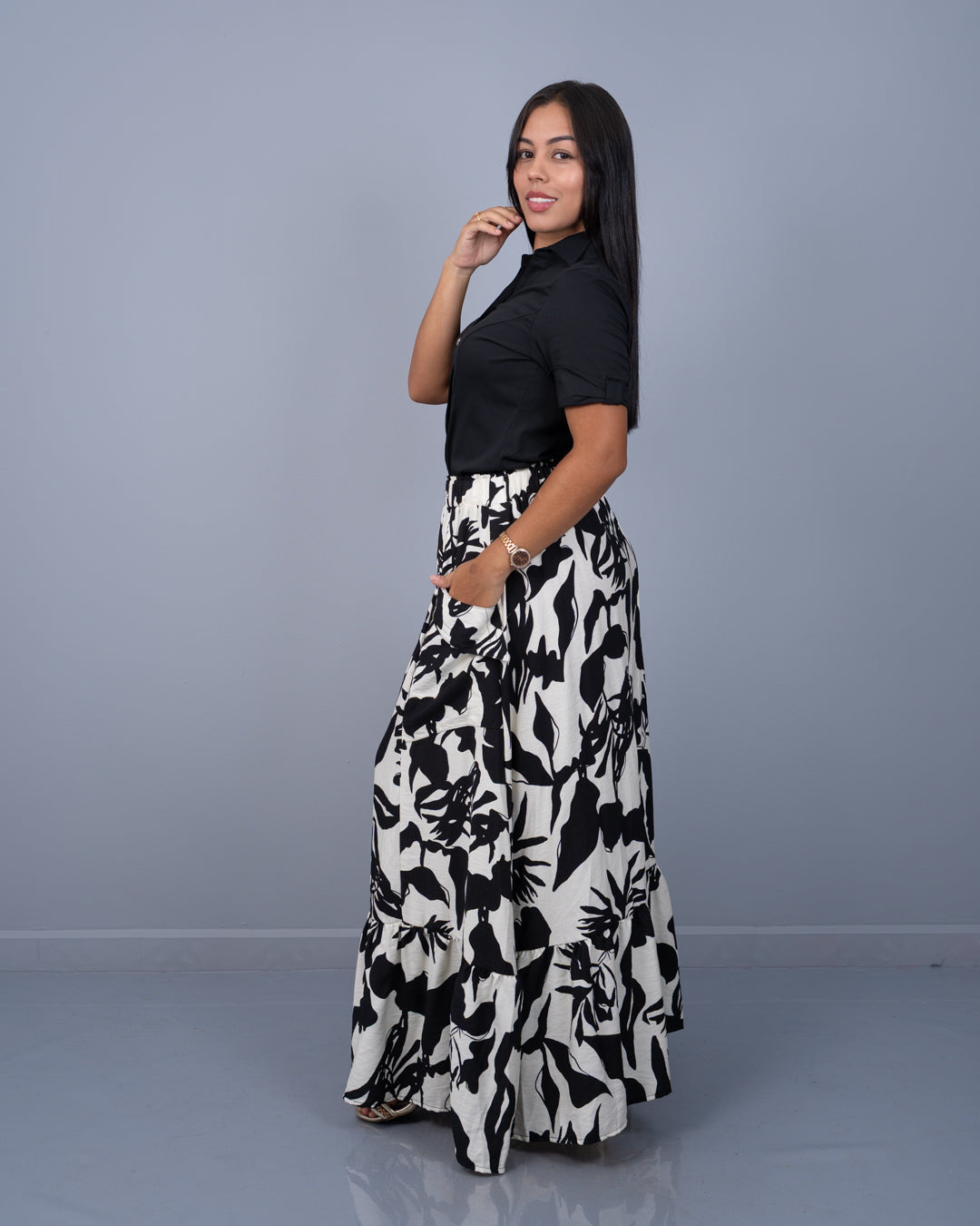 Blusa con Manga Botones Adelante Tela Bengalina Stretch ref. 3960 en negro, ropa cristiana femenina