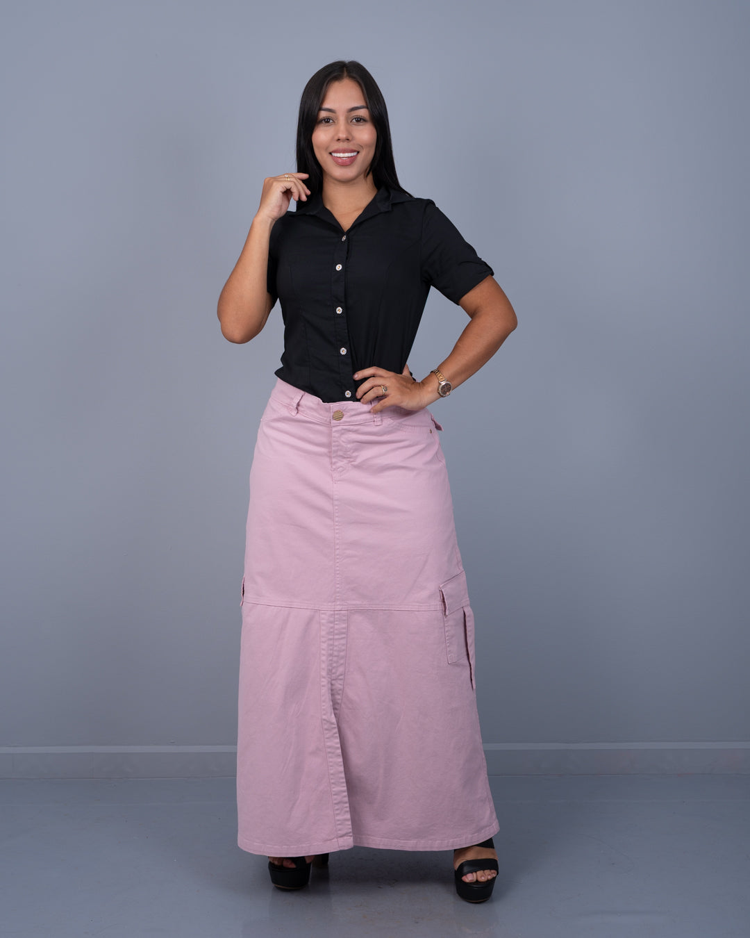 Blusa con Manga Botones Adelante Tela Bengalina Stretch ref. 3960 en negro, ropa cristiana femenina