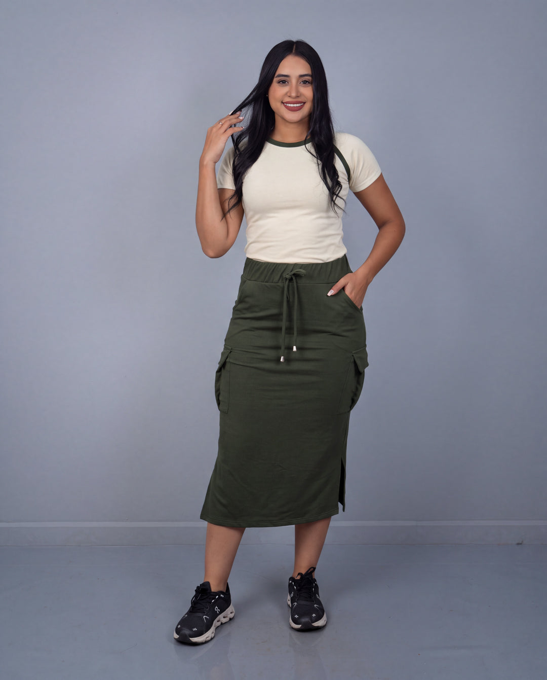 Conjunto 2 Piezas Falda Canillera ref. 3958 en verde militar, ropa cristiana femenina