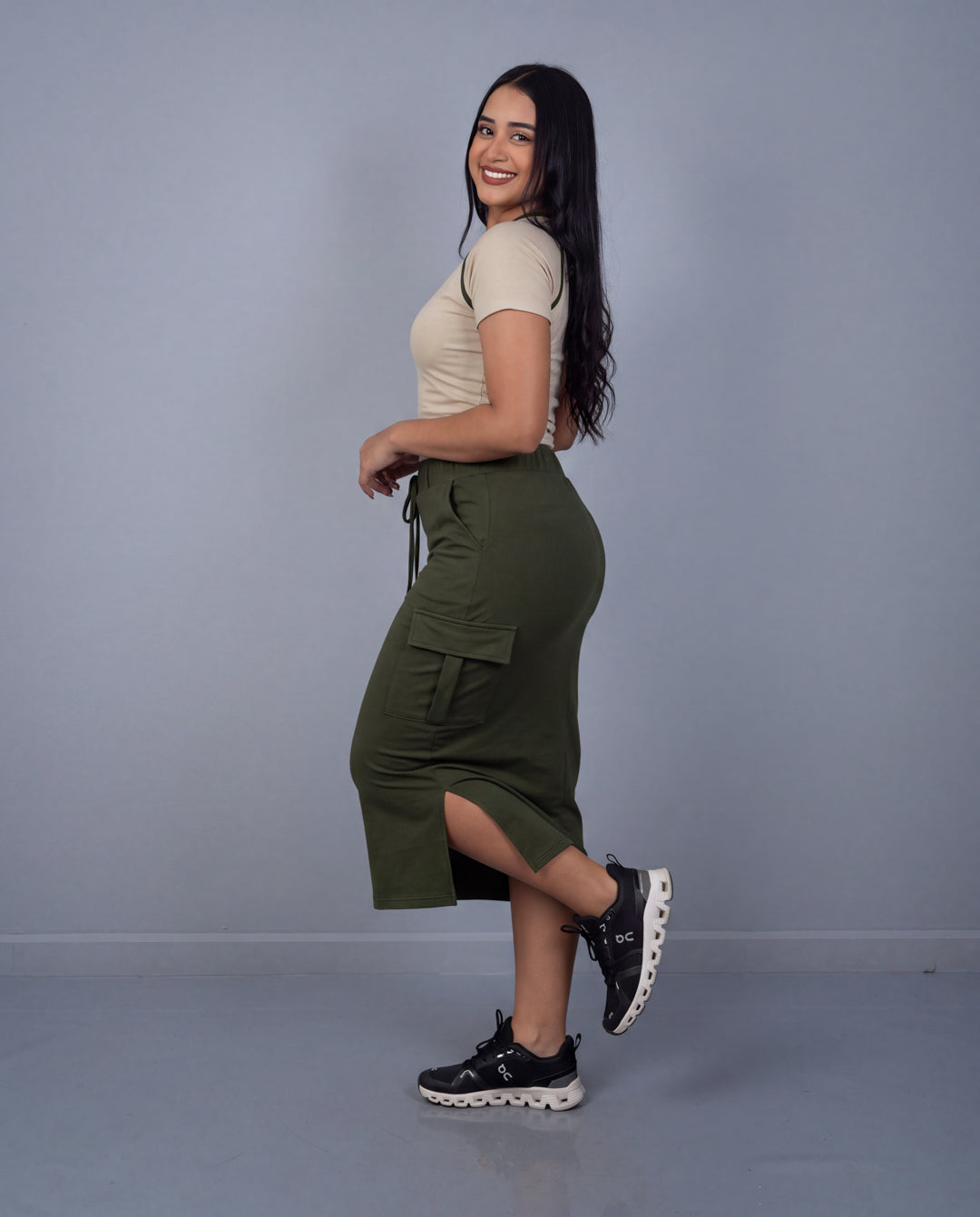 Conjunto 2 Piezas Falda Canillera ref. 3958 en verde militar, ropa cristiana femenina