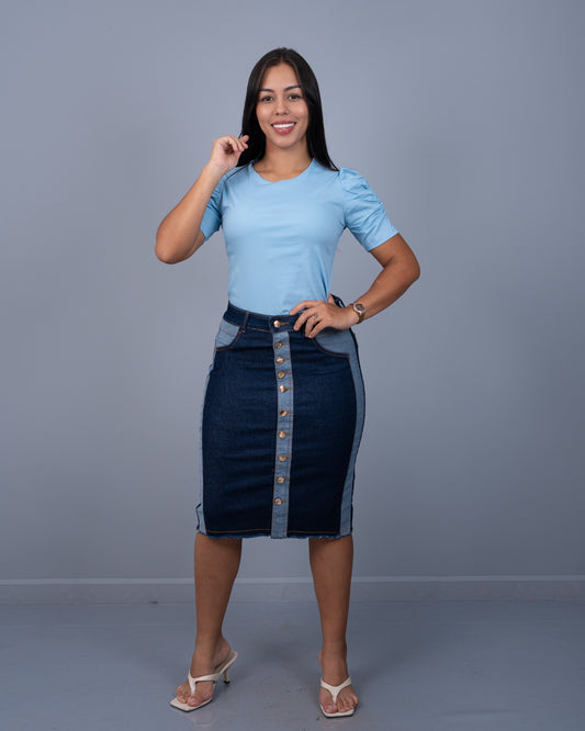 Falda Jean 3/4 Corte Adelante y Botones ref. 1500 en oscuro, ropa cristiana femenina