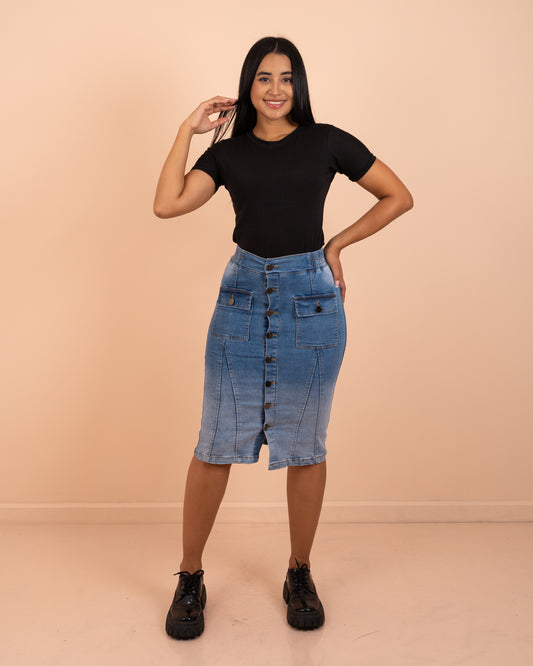 Falda jeans 3/4 cargo ref. 3163 en tono medio, ropa cristiana femenina