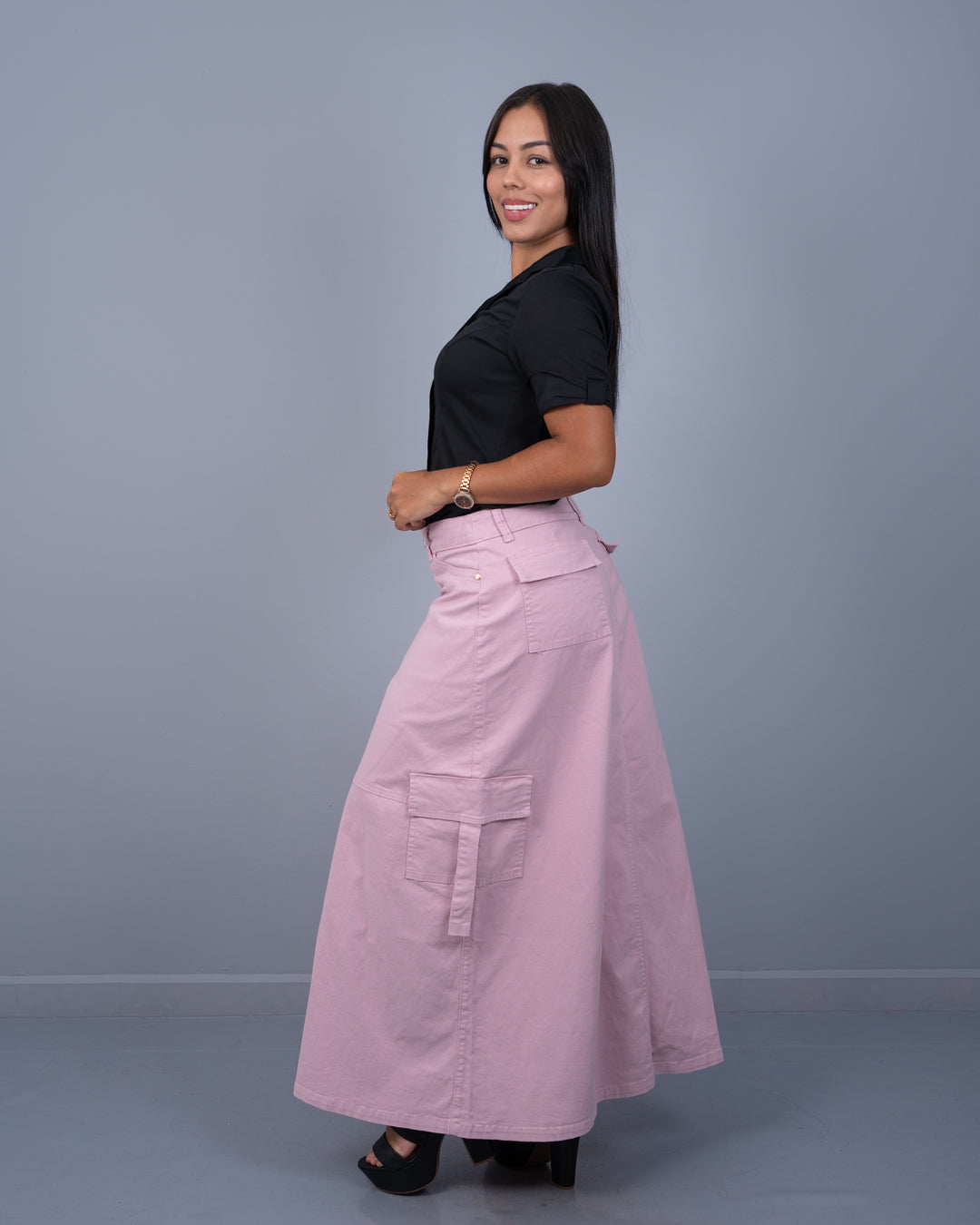 Falda Larga Tela Drill Corte A Cargo ref. 3810 en rosado, ropa cristiana femenina