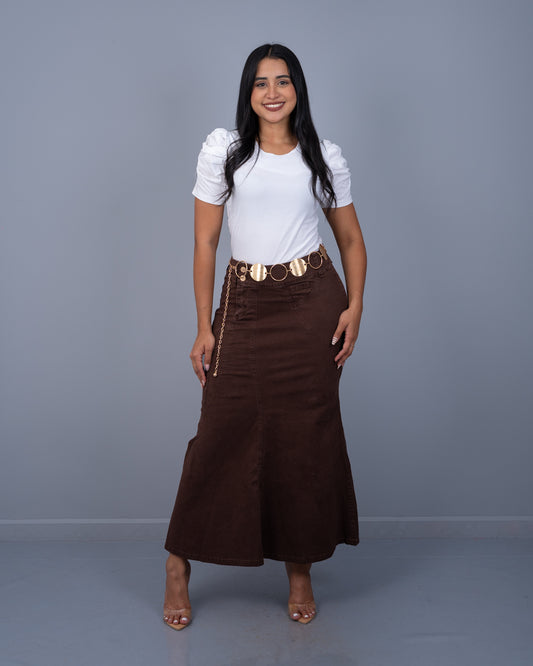 Falda Larga Tela Drill Corte A ref. 3849 en café, ropa cristiana femenina
