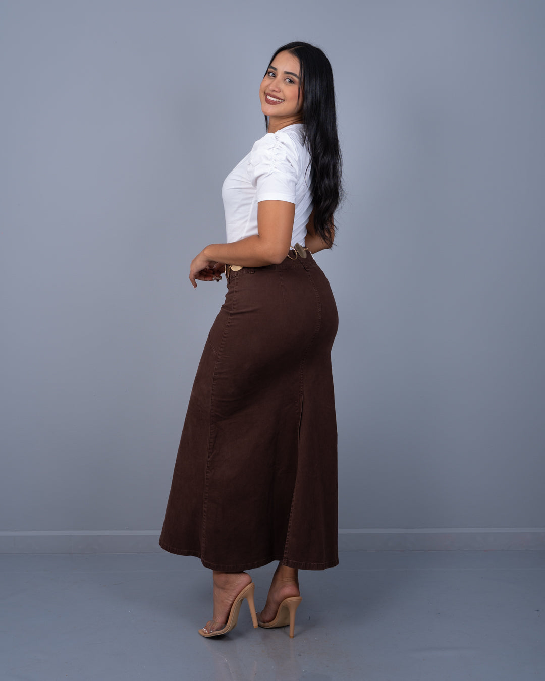 Falda Larga Tela Drill Corte A ref. 3849 en café, ropa cristiana femenina