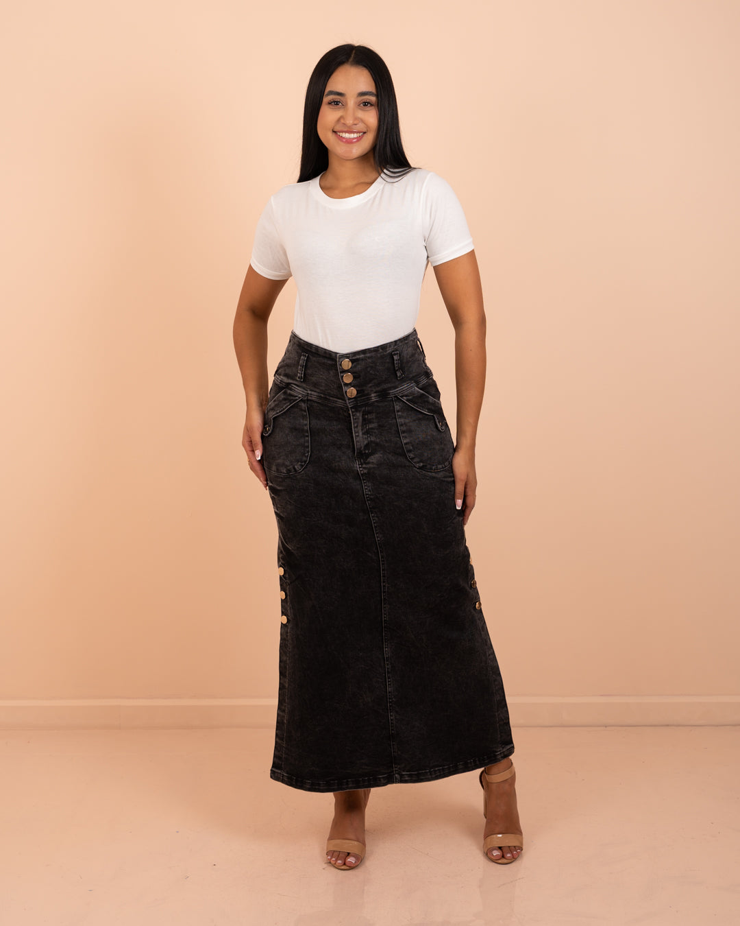 Falda larga dril strech ref. 3884 en gris craquelado, moda cristiana para la iglesia