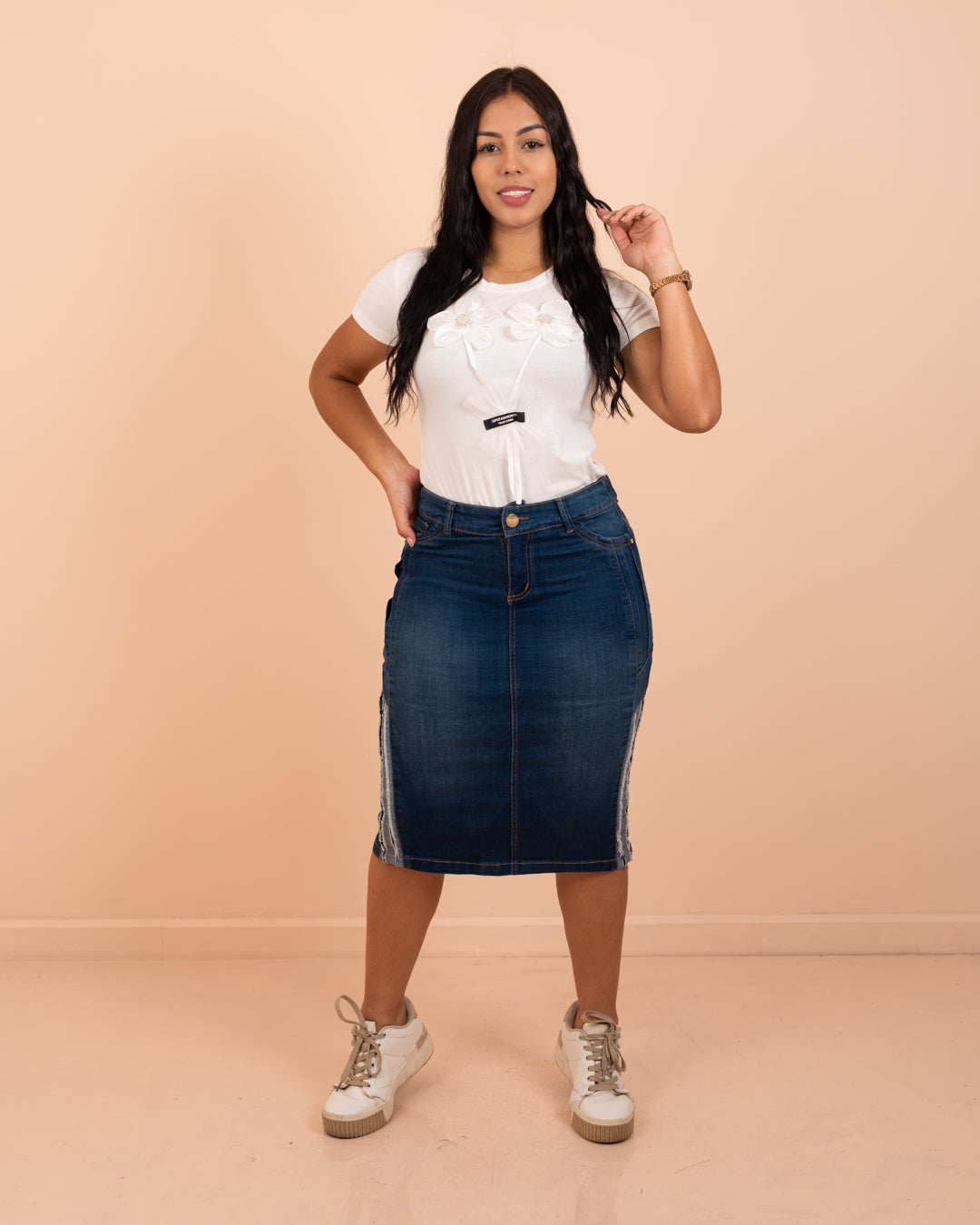 Falda jeans 3/4 clásica ref. 3901 en tono americano, ropa cristiana femenina