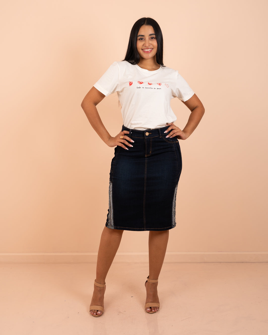 Falda jeans 3/4 clásica ref. 3901 en tono oscuro, moda cristiana para la iglesia