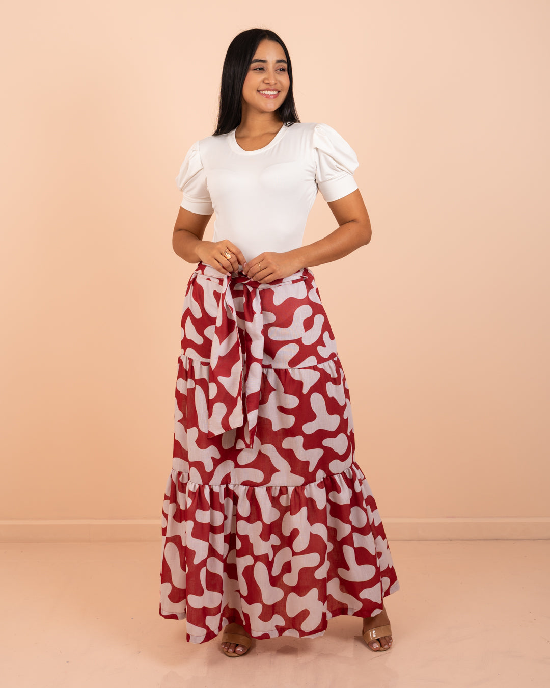 Falda larga de lino ref. 3904 en estampado abstracto, moda cristiana para la iglesia
