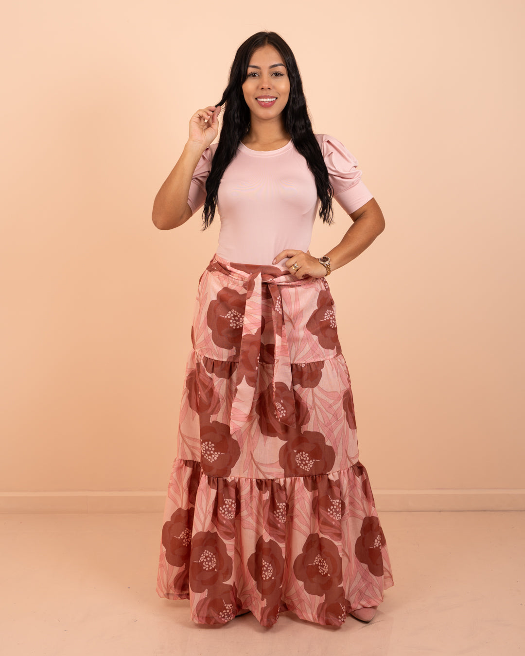 Falda larga de lino ref. 3904 en estampado floral, ropa cristiana femenina